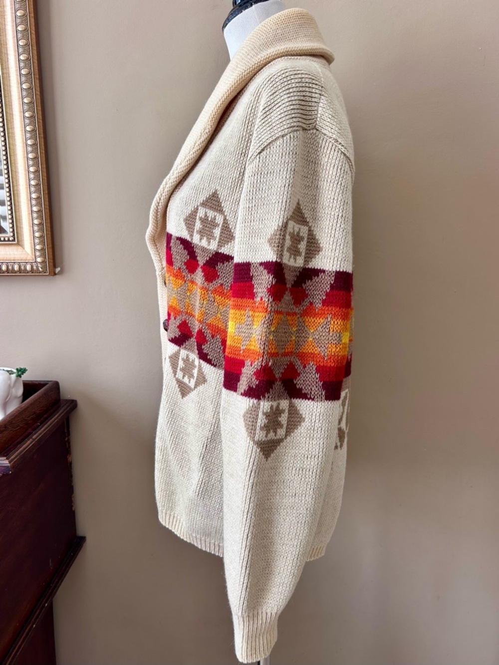 Pendleton Vintage 1970s Western Aztec Wool Shawl Collar Cardigan Sweater M - Picture 8 of 15